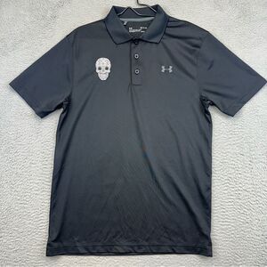 Under Armour Polo Shirt Mens Small Black Skull Logo Loose Heat Gear Rock Classic